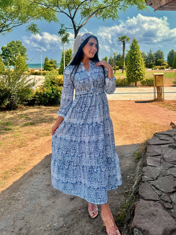 پیراهن بلند زنانه استین بلند سوپر نخ ترک مدل سه چین دارای کمربند
