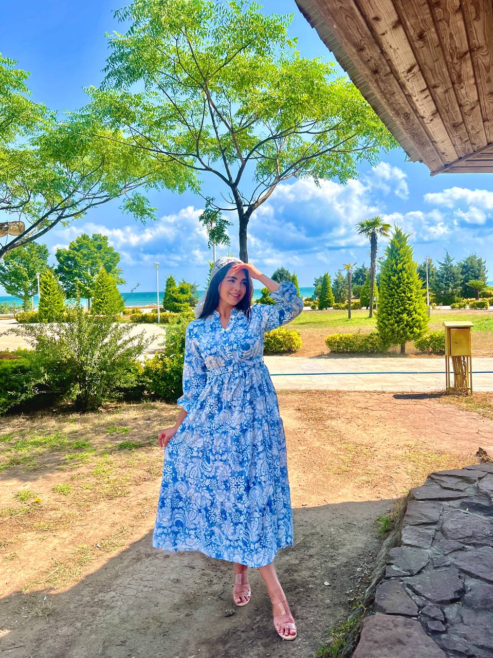 پیراهن بلند زنانه استین بلند سوپر نخ ترک مدل سه چین دارای کمربند